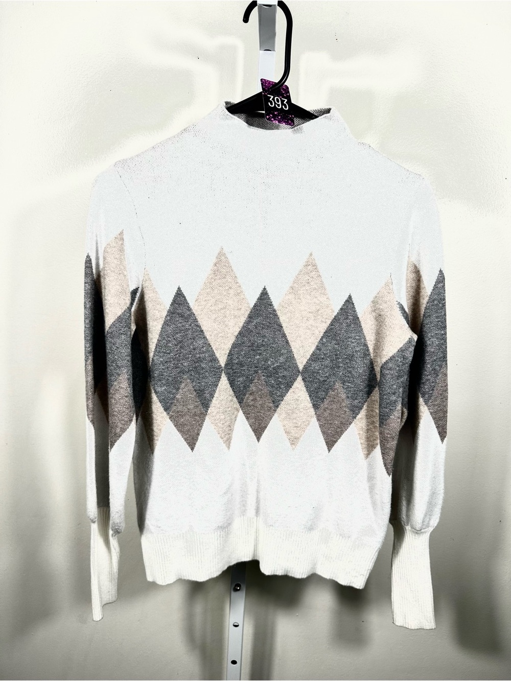 S393. Rachel Zoe Neutral Argyle Mock Neck Preppy Sweater S